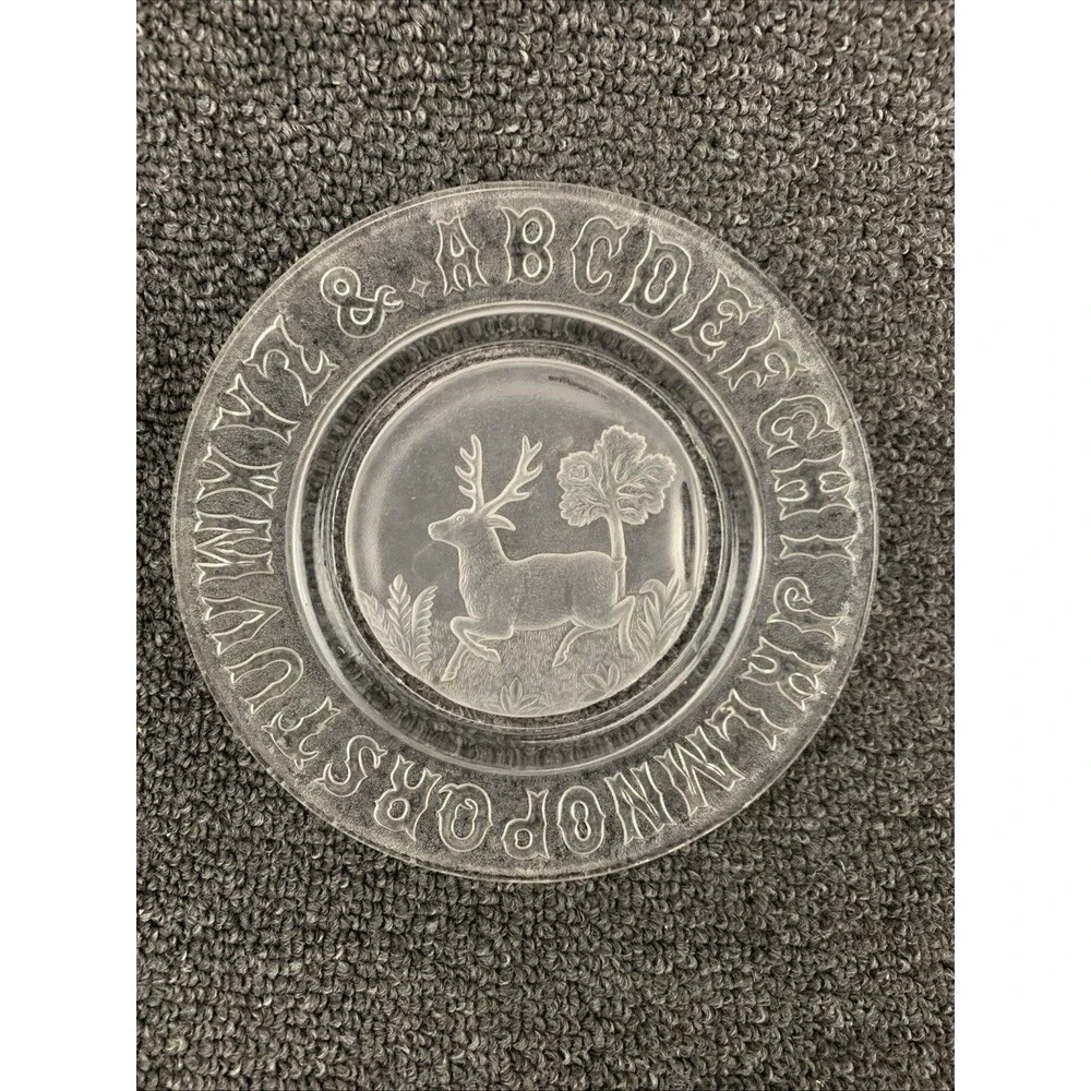 Clear Glass Alphabet 6” Round Plate with Deer Pattern Pressed Glass